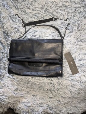 Halston Heritage Black Leather Fold-Over Clutch with Chain Strap